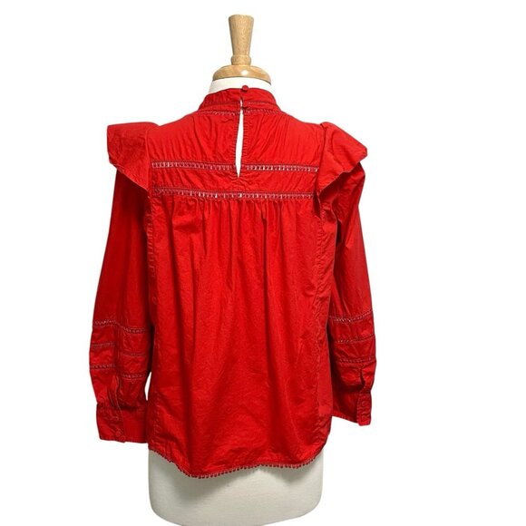 J. Crew Embroidered Crochet Ruffle Romantic High Neck Blouse Top Red size Small - Picture 9 of 12